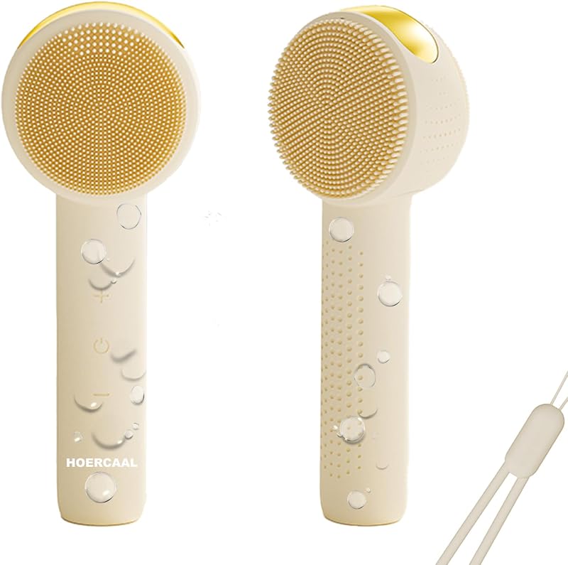 Escova elétrica para limpeza facial HOERCAAL com silicone, 5 intensidades, aquecimento a 42 °C e bateria recarregável, branca