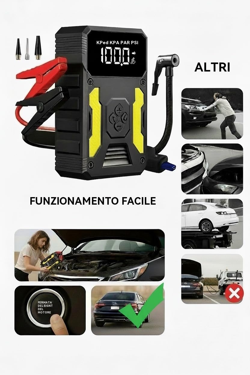 Avviatore portatile 3000A con compressore 150 PSI, 3 modalità LED, ricarica rapida, kit 4 in 1 e sicurezza avanzata, per auto, SUV, diesel fino a 8L, ideale per campeggio, viaggi ed estate