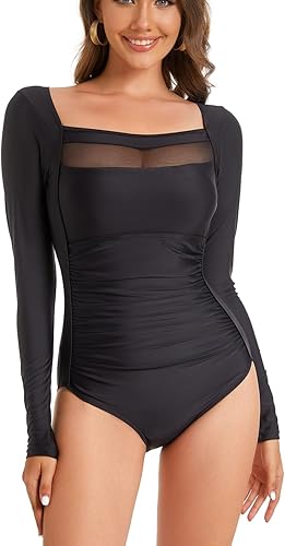 NESY Traje de baño de manga larga para mujer, traje de baño de una pieza, protección UV, traje de surf con cremallera impresa