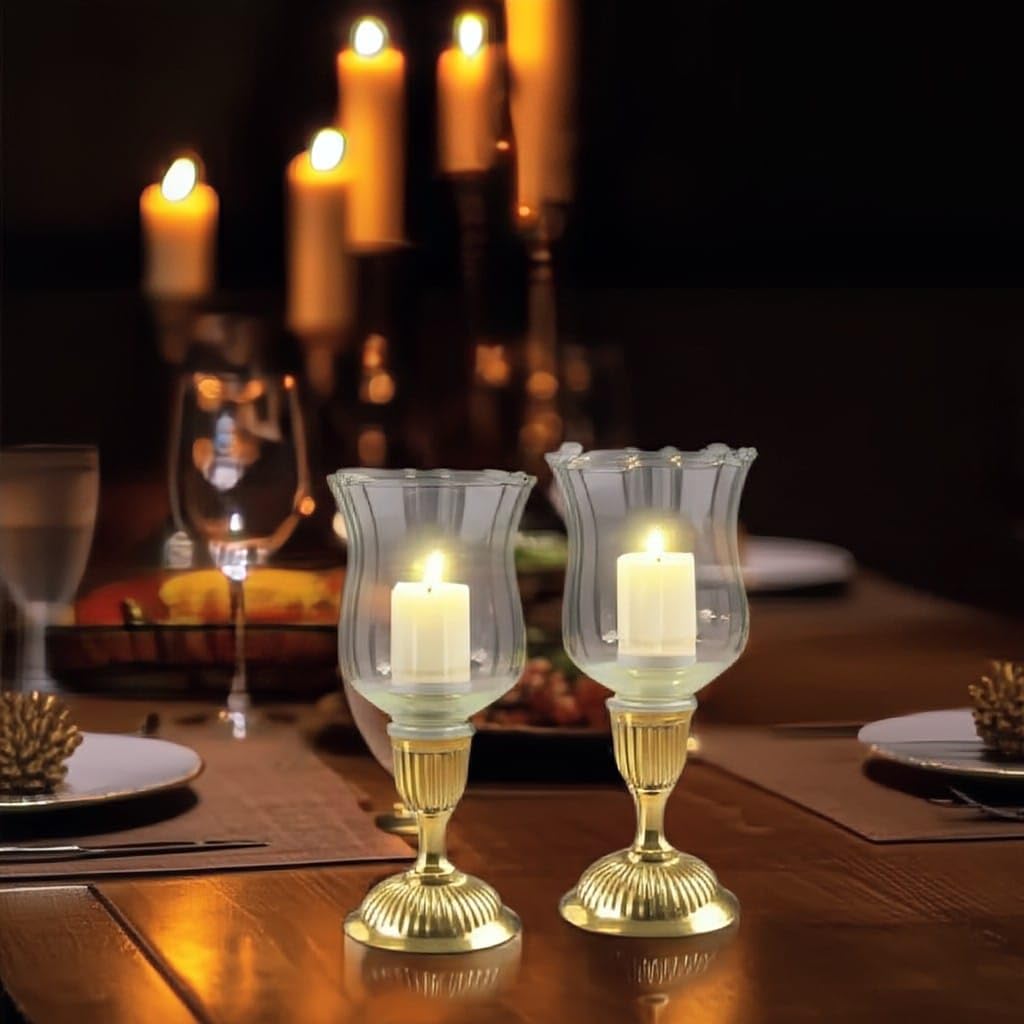 Elegant Glass Hurricane Candle Holders with Gold Base, Set of 2 Decorative Table Centerpiece-image-42
