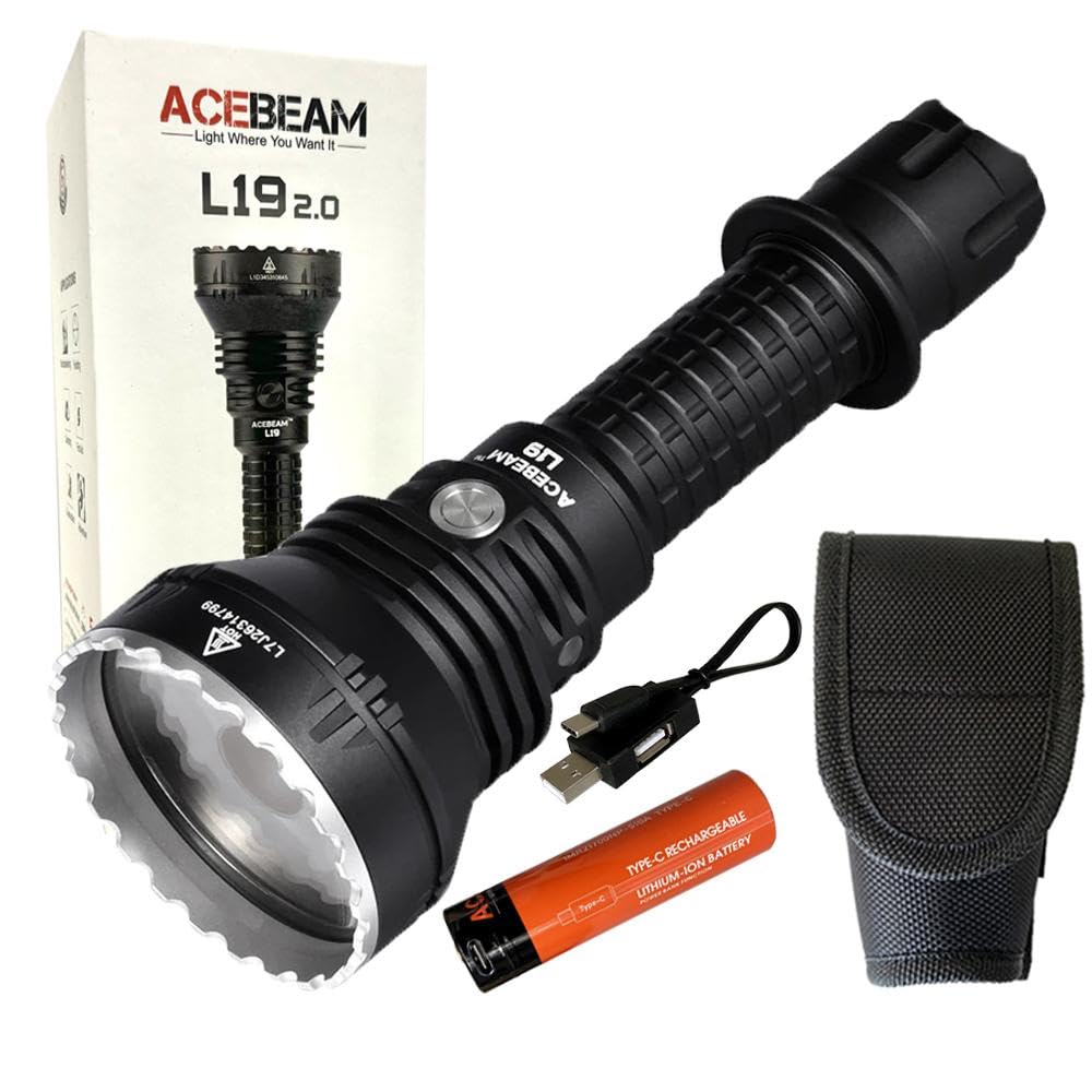 Acebeam L19 2.0 Long Range Flashlight SFT40 Hi 6500k White Led -Throw 1083M 2,200 lumens w/Battery, Holster and Eco Sensa USB C charging cable included., acebeam-l19-20-white