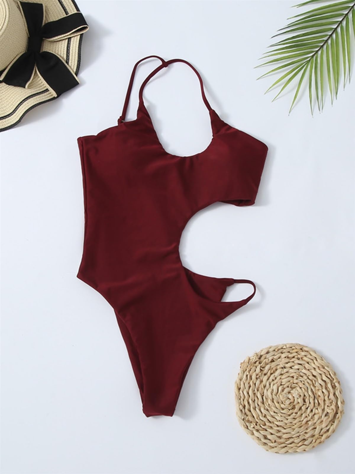Costume da Bagno Intero Sexy Solido da Donna Costume da Bagno Scava Fuori Costume da Bagno Femminile Monospalla Costume da Bagno Estivo da Spiaggia (Color : Wine Red, Size : M)