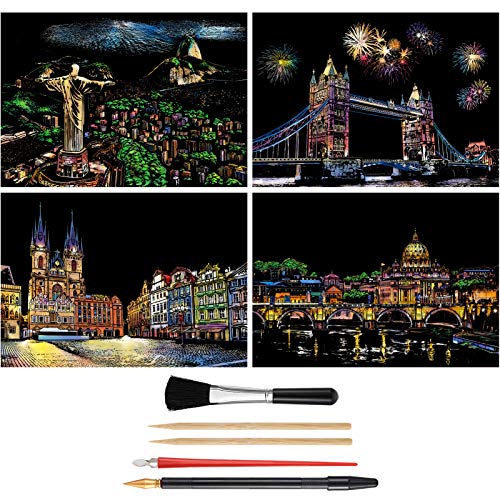 Scratch Art Rainbow Painting Paper(A4), DIY Crafts Womens Hobbies, Engraving Art Scratchboard for Kids & Adults Scratch Painting Christmas Birthday Creative Gift Set: 4 Sheets (Classic Architecture)