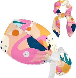 FVQL 2 Pieces Surgical Cap for Long Hair Scrub Cap with Hairband Nurse Cap, Tropical Jungle Leaves and Flamingos