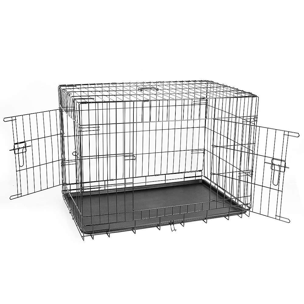 Jaula para perro, jaula de transporte para perros con 2 puertas, jaula de perro interior con asas y bandeja negra, doble puerta extraíble, fácil limpieza (106 x 76 x 71 cm)
