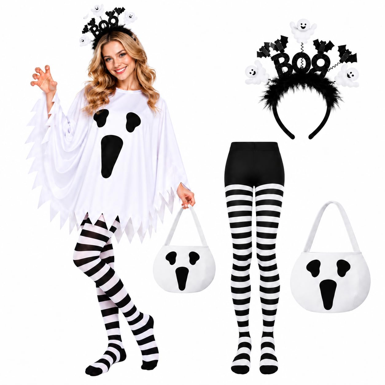 4-Piece Ghost Costume Women, Womens Ghost Halloween Costume Adult, Ladies Ghost Costume with Ghost Poncho and Headband, Halloween Costumes Adult Women Ghost, Sheet Costume Adult Set — image 1