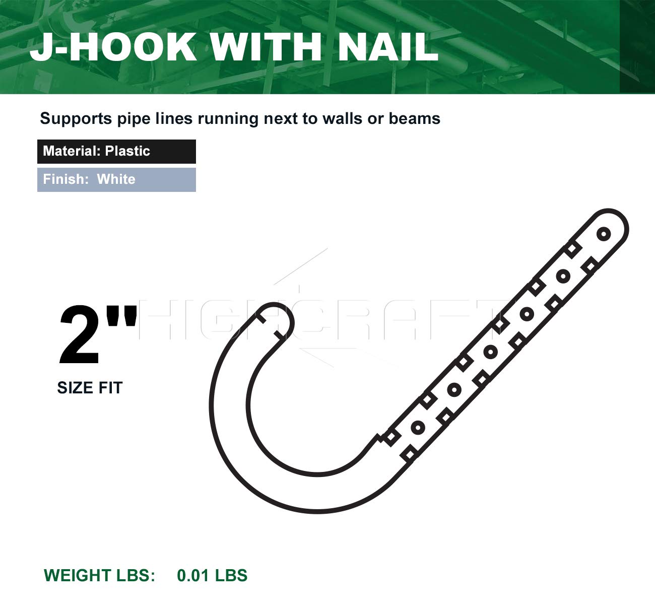 Highcraft PXJHNG002-10 PEX Soporte J-Hook Percha con clavos para tubos de 5.1 cm, cuerda, cable de plástico duro (paquete de 10), blanco