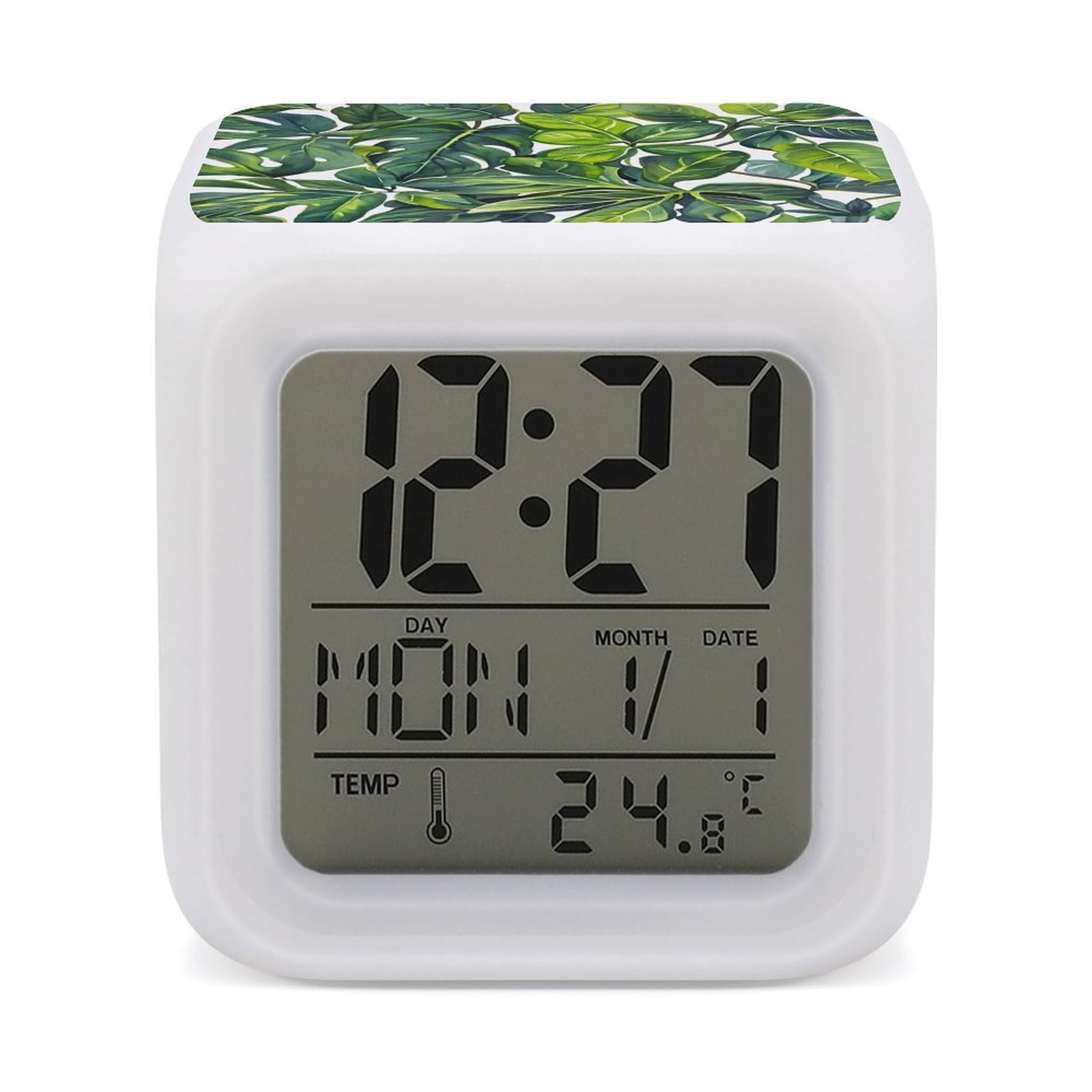 LZQPOEAS Green Leaves of Plants Alarm Clock Desk Clock with 7 Color Changing Night Light Digital Clocks with Temperature Display Sleep Training and Sound Machine for Heavy Sleeper