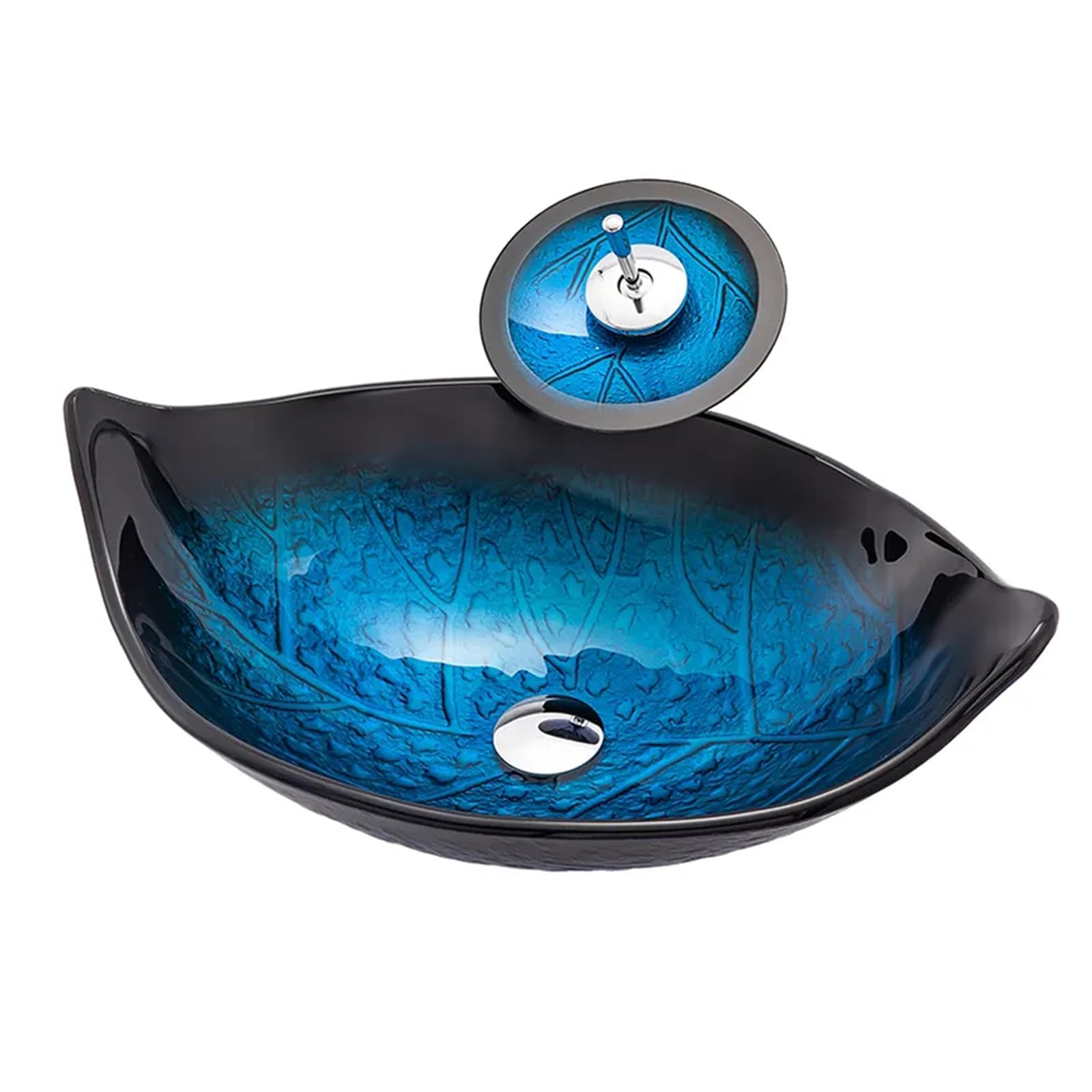 ASerZenith Bathroom Vessel Sink,Blue Vessel Sink,Leaf Shape Artistic Glass Vessel Sink With Waterfall Faucet And Pop-Up Drain,Above Counter