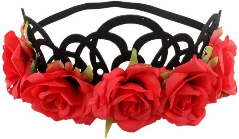 Woman Girls Floral Crown Tiaras Headband Boho Red Rose Flower Bride Hairbands