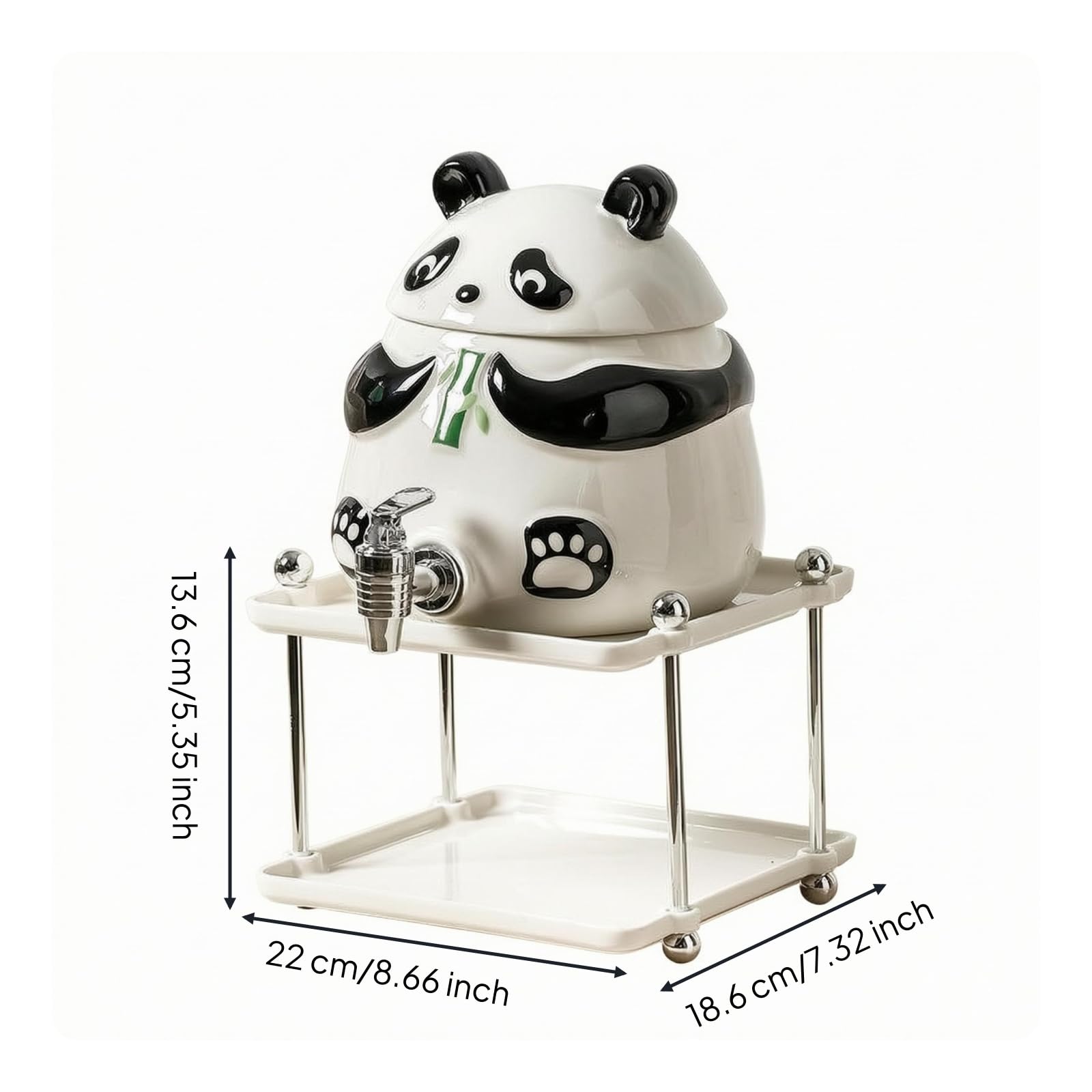 Milageto Getränkespender Panda Wasserspender Tischspender Ausschankgerät mit Auslauf Deckel Schützt Öffnung Dekorative für Küche, 3L Panda Wasserspender Mit Keramikständer