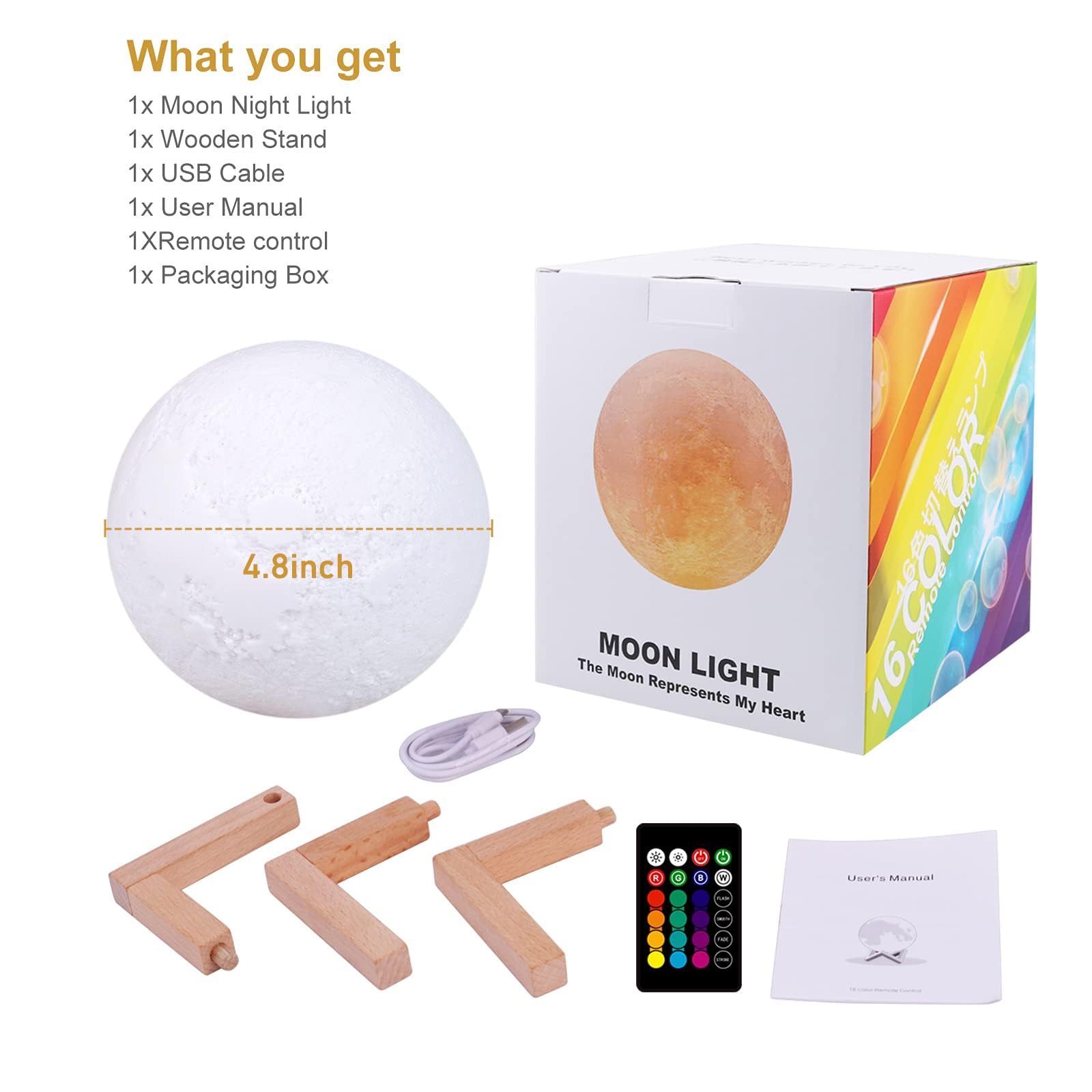 Mondlampe, Mondlicht, LED-Nachtlichter für Kinderzimmer, 16 Farben, Mondlampe für Schlafzimmer, mit Ständer, beleuchtet, für Mädchen, Kinder, Geschenk – 12,9 cm
