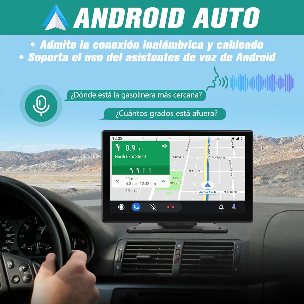AWESAFE Pantalla 9” de CarPlay/Android Auto/iOS Mirror Inalámbrico y Auto Link por Cable, Radio Portátil para Coche, Admite Bluetooth/Siri/USB/TF/AUX, Negra