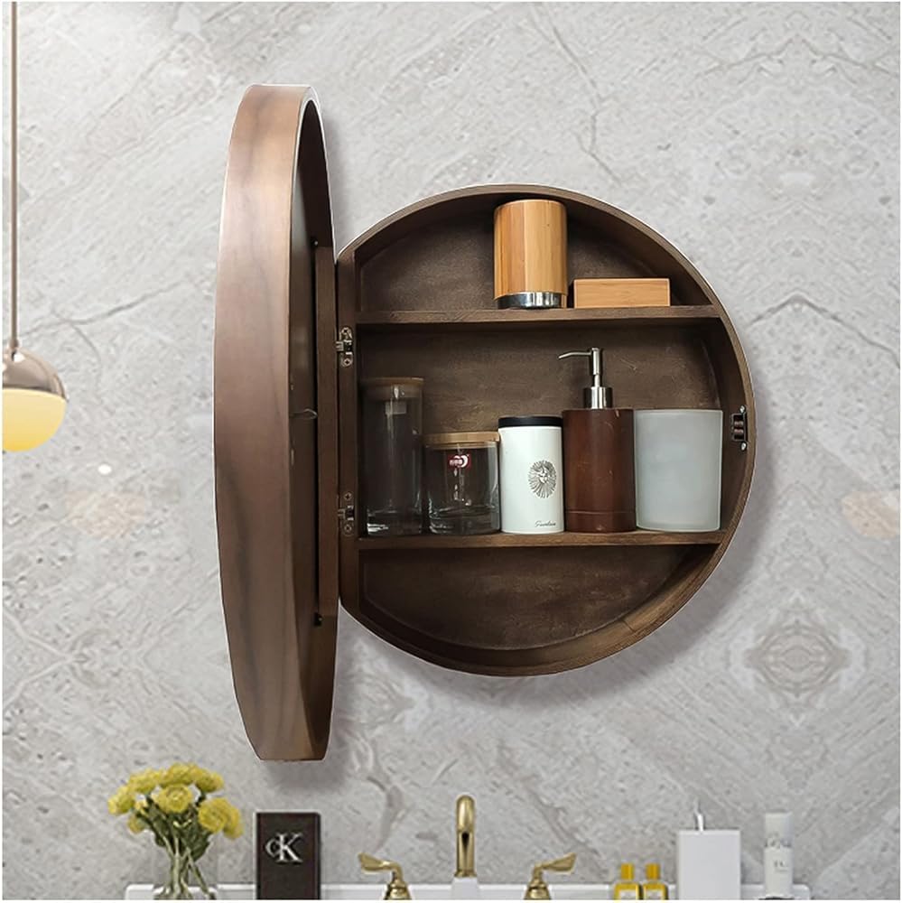 Round Wall-Mounted Bathroom Storage Cabinet with Mirror Door, 50cm Wood Finish, Space-Saving Shelves, Stylish & Functional Organizer for Small Spaces
