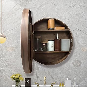 Cabinet with Mirror,Round Wall Mounted Bathroom Storage Cabinet with Mirror Door and Hide ShelvesSize60cm,ColorBrown