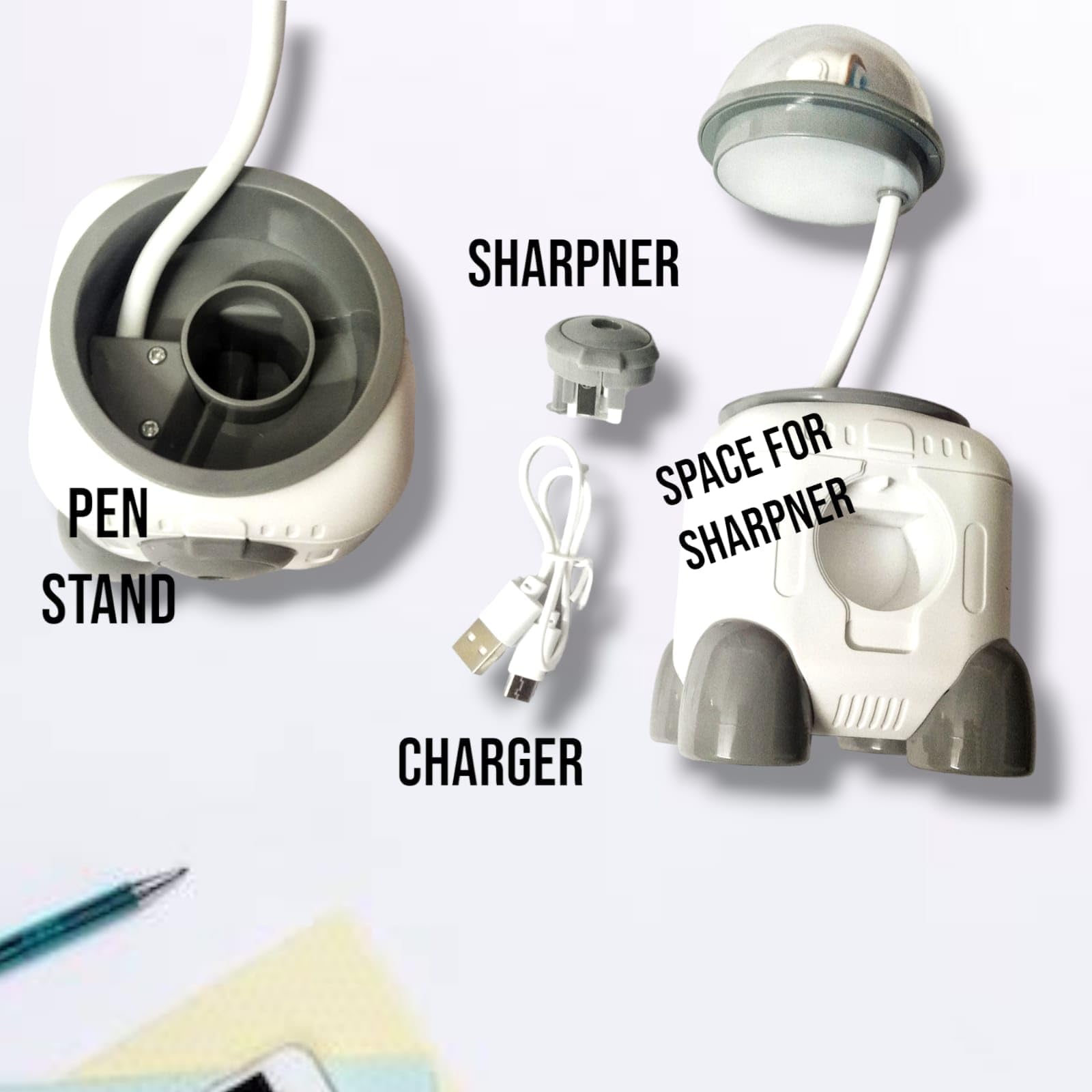 CARU CRAFT Desk Lamp Cartoon Shaped Manual Pencil Sharpener, Table Sharpener Machine with Rechargeble LED Light Table Lamp for School, Office, Stationery Gift for Birthday (Space Grey) 1