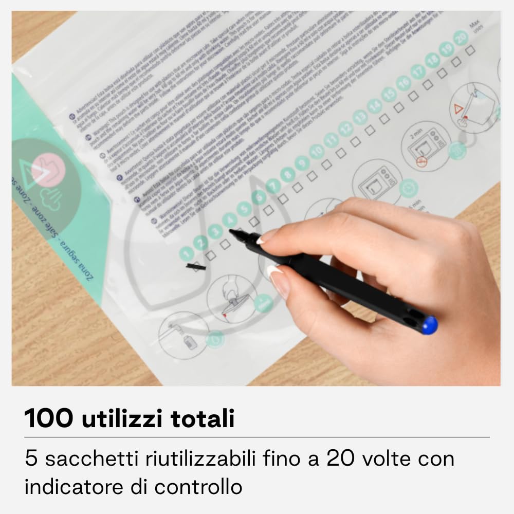 Jané Sacchetti per sterilizzazione a microonde, riutilizzabili, 5 pezzi, sterilizzazione a vapore in 3 minuti