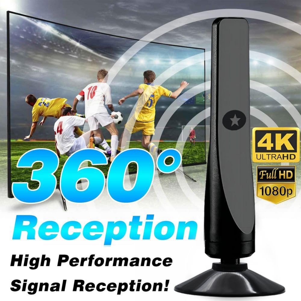 Antenna TV digitale per interni aggiornata 2025 con amplificatore di segnale – Ricezione a lungo raggio di 80 km, supporta Freeview 4K/1080P HDTV per Smart TV, cavo coassiale da 3M e design