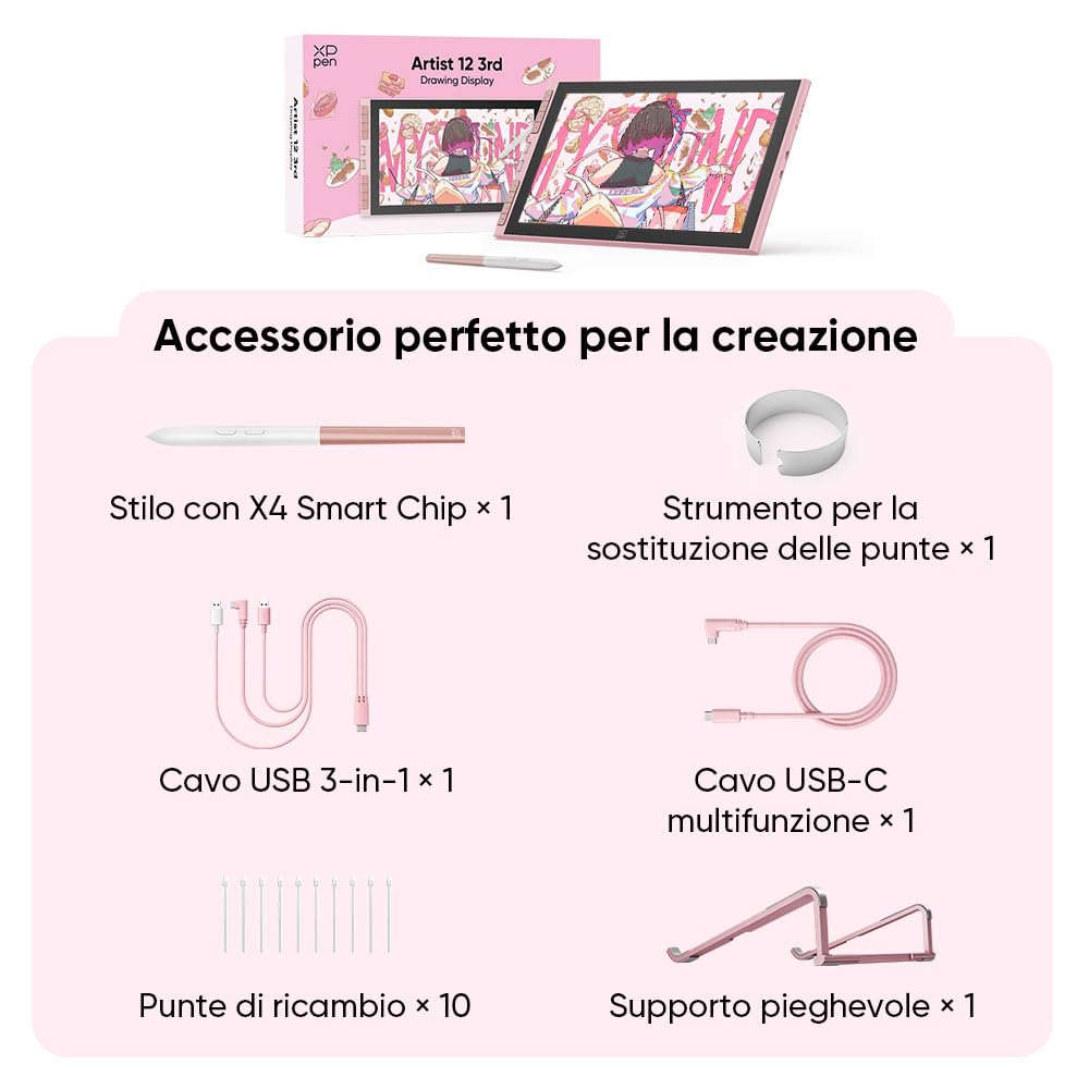XPPen Artist 12 3rd tavoletta grafica con schermo, 8 tasti rapidi, 99% sRGB, colore a 8 bit, penna X4 con 16.384 livelli di pressione, compatibile con Windows, Mac, Linux e Android, Rosa