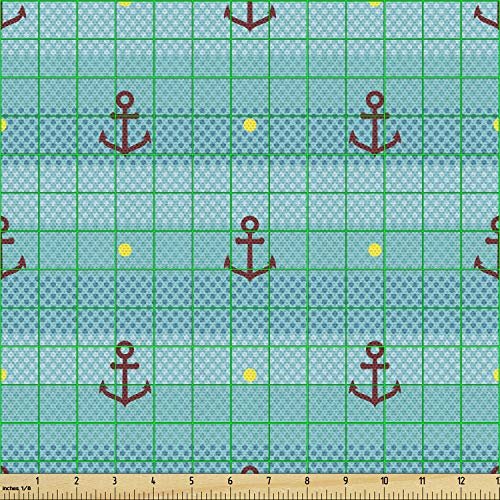 Image of Ambesonne Aqua Fabric by The Yard, Nautical Pattern with Halftone Dotted Sea Inspired Background and Marine Anchor, Decorative Fabric for Upholstery and Home Accents, 3 Yards, Aqua Vermilion