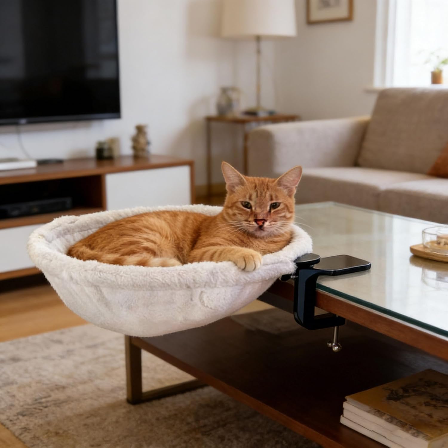 Katzenbett Für Schreibtisch, 360°Drehbar Katzen Schreibtisch Bett-Ohne Bohren, Katzenbett Schreibtischs– Platzsparend Klappbar (Nach Unten) Katzenhängematte, Winter & Sommer - Zu 22.5kg