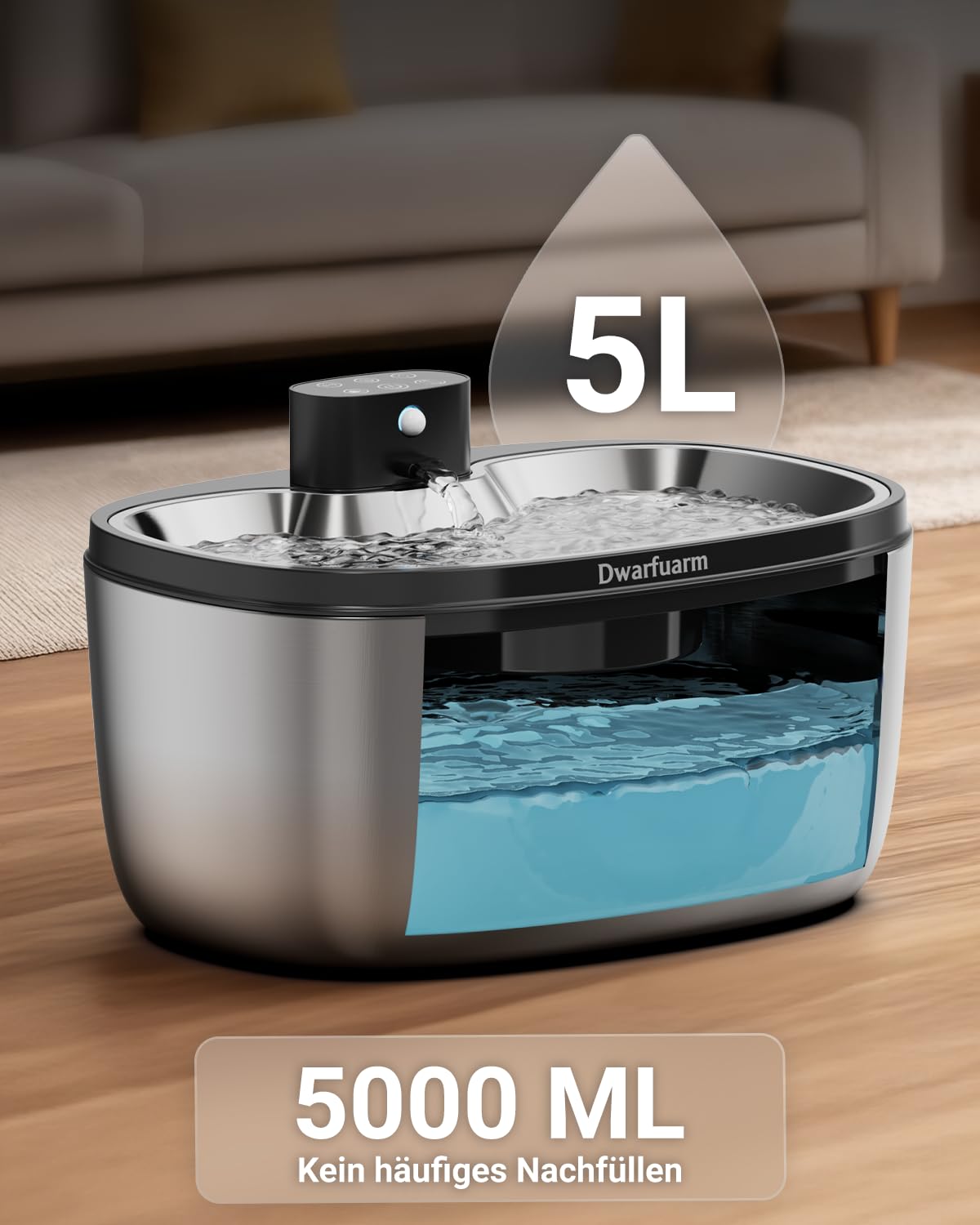 Trinkbrunnen für Hunde,Katzen Trinkbrunnen,Trinkbrunnen für Katze Kabellos | Edelstahl, 5L, Kabellos, 4000mAh Akku, Drei Betriebsmodi, Abnehmbare Wasserpumpe, 2 Filters, Leise