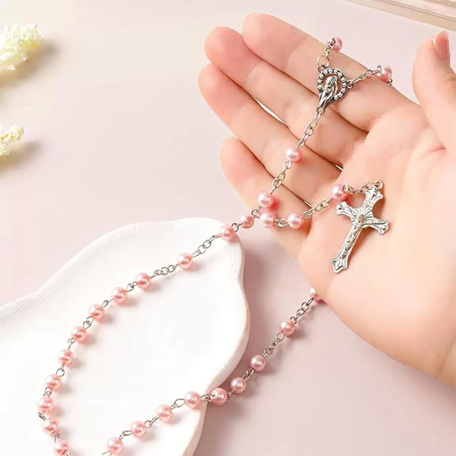 Women Simple Style Rosary Necklace Catholic Rosary Beads with Artificial Pearls Ideal Prayer Gift for Women Comes with Pink Storage Bag Stylish and Elegant Design for Daily Wear - Image 2