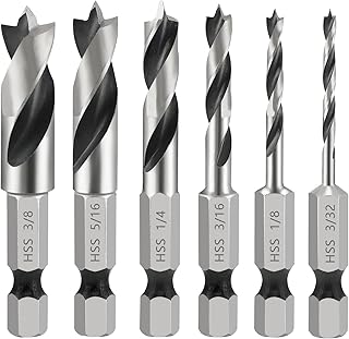 6 PCS Brad Point Stubby Drill Bits Set for Wood and Soft Metals Aluminum Iron Sheet Copper,4241 High Speed Steel with 1/4-Inch Quick Change Hex Shank