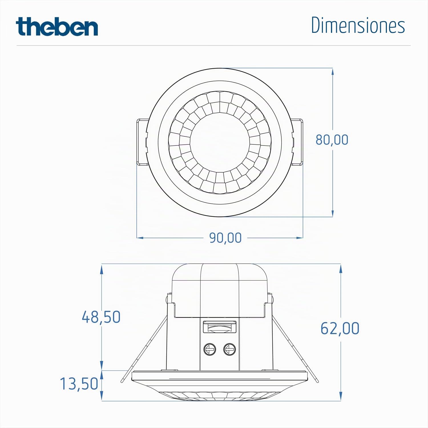 Theben 1030052 LUXA 103 S360-100-12 DE-UP WH Detector de Presencia 360° PIR | empotrado en techo, 12 m, 1 canal, 400 W LED, IP54, 15 s-30 min, medición de luz mixta, mando a distancia, Teach-in, blanco