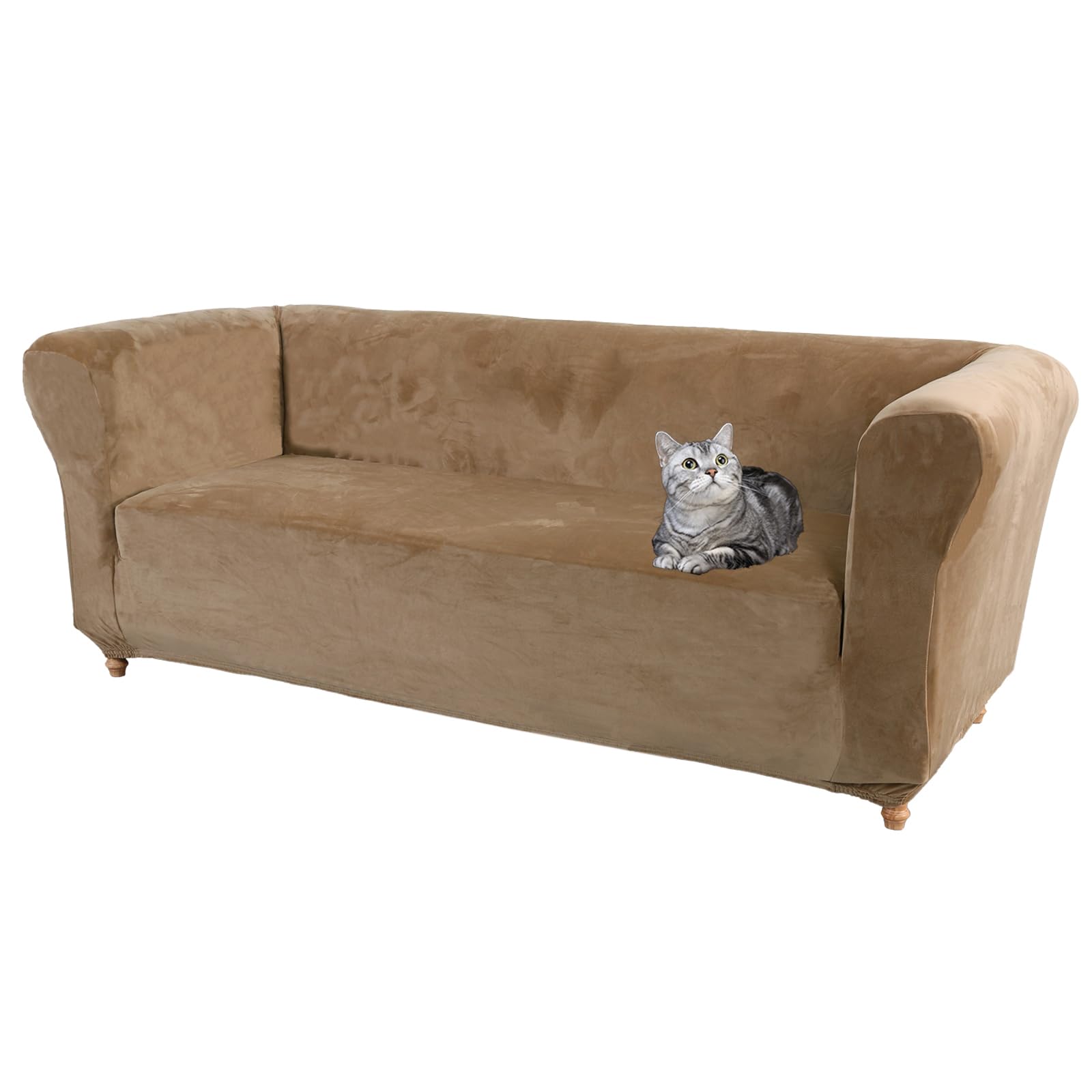 SYLC Velvet Stretch Chesterfield Sofa Cover Couch Cover with Seat Cushion Cover Furniture Protector for Curved Settee Fitted Vintage (Camel,Sofa)