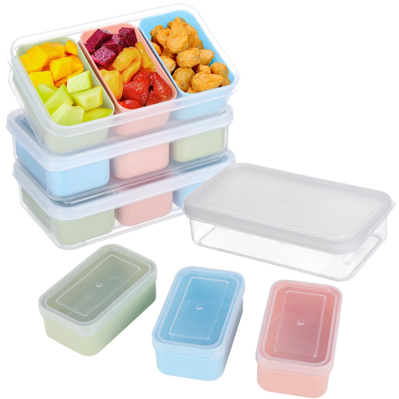Lot de 4 boîtes à goûter réutilisables avec 3 compartiments, empilables, passent au micro-ondes, au congélateur et au lave-vaisselle