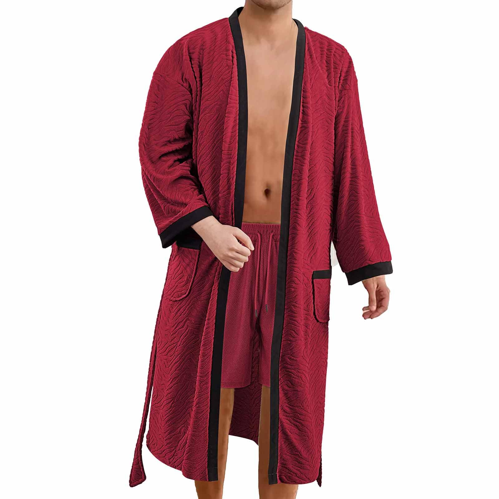 HAOLEI Albornoz Hombre de Rizo Batas Largo de Casa para Hombres Microfibra Bata Kimono Manga Larga Largos Ligero Ropa de Dormir con Cinturón y Bolsillos Suave Cómodo Albornoz Ducha Casual Pijama