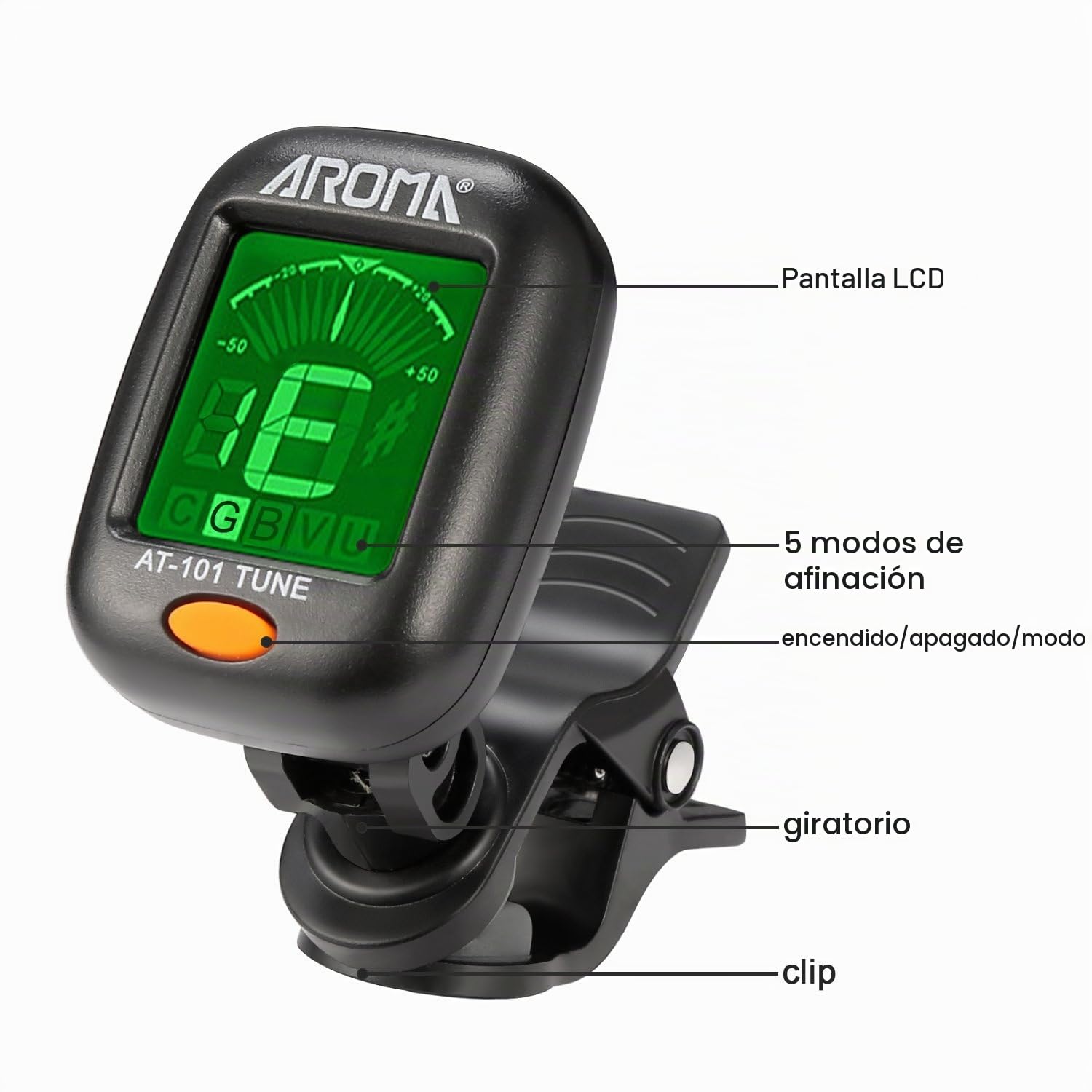Afinador cromático para guitarra, bajo, ukelele y violín, pantalla LCD de color antiinterferencias, batería incluida, apagado automático