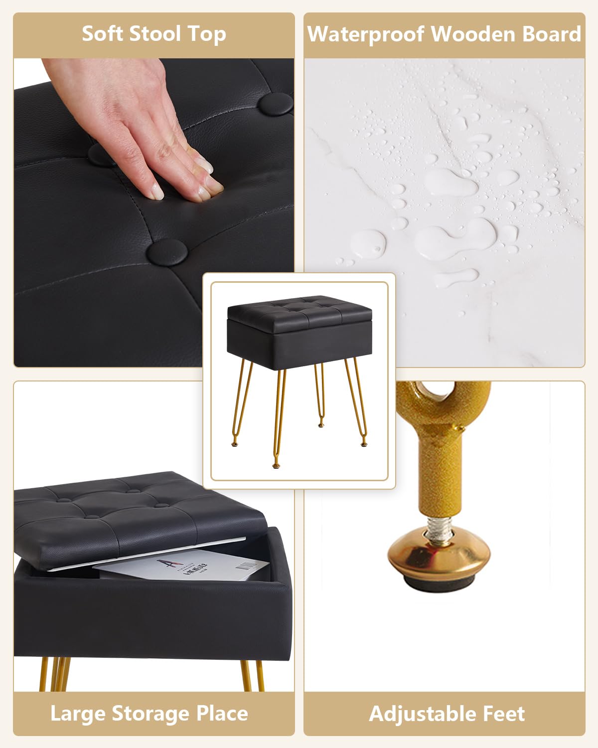 IBUYKE Multifunzionale Stoccaggio Vanity Sgabello con Flip Table, Gambe in Metallo Regolabili & Pelle PU - 40x30x48cm Poggiapiedi ottomano per Trucco, Soggiorno, Ingresso Nero WBD014B