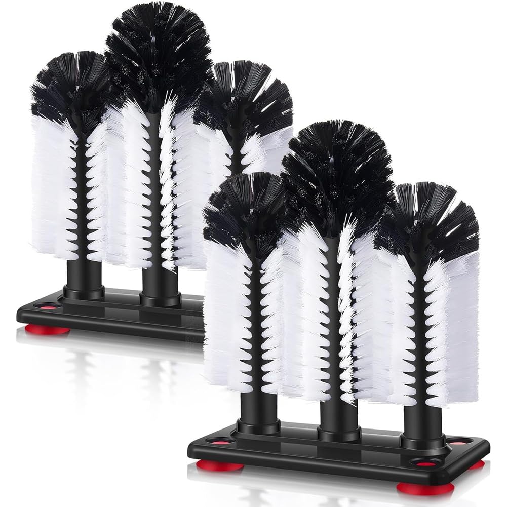 Aundhegrtt Glass Washer with Suction Base, 2 Pack Water Bottle Cleaning Brush, 3 Head Bristle for Bar for Sink, for Bar Beer Cup, Wine Glass