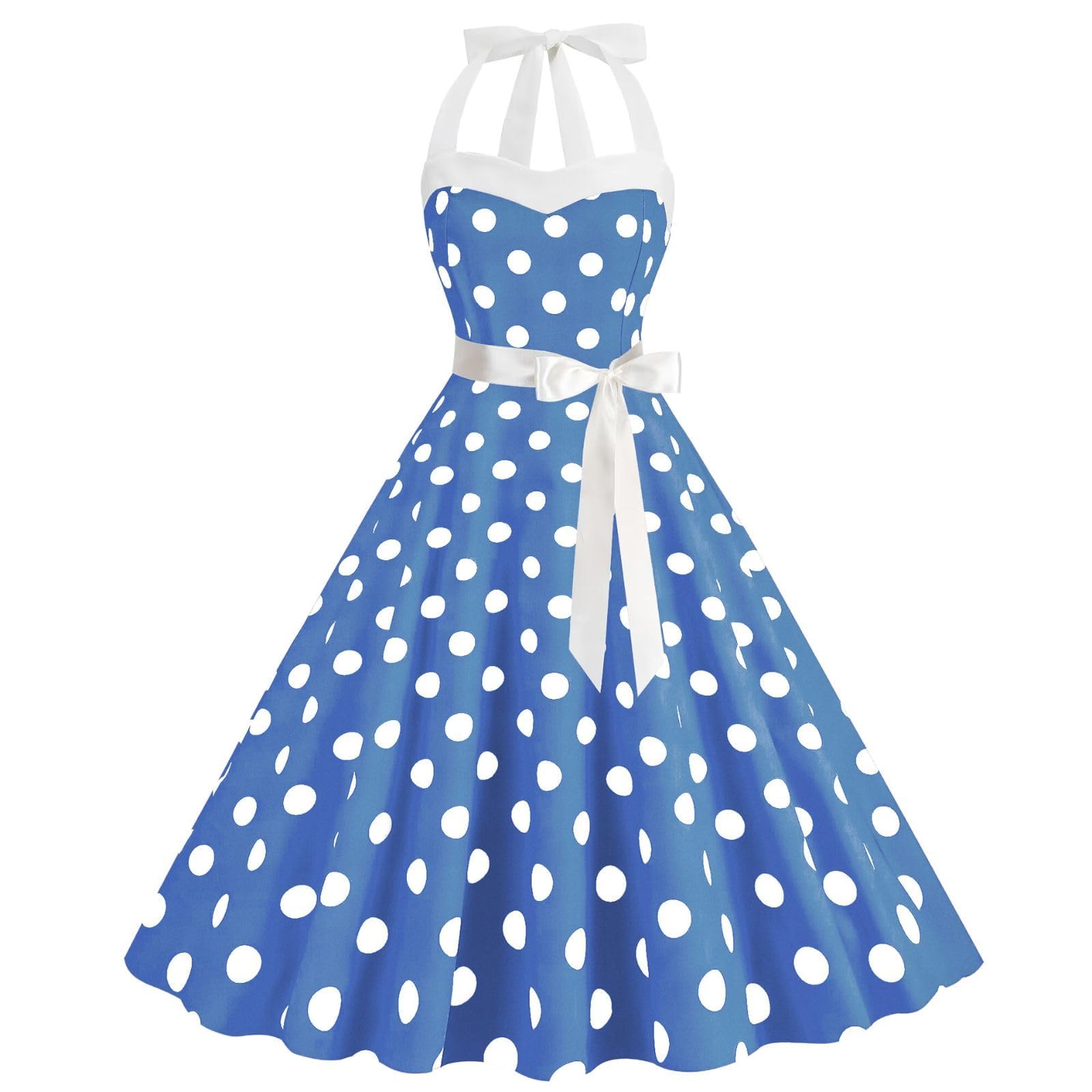 HAPNBCELE Vintage Dress 1950s for Women, Tea Party Halter Polka Dot Dresses Picnics Summer Vacation Beach Outfits Slim Fit (X-Large, Blue)