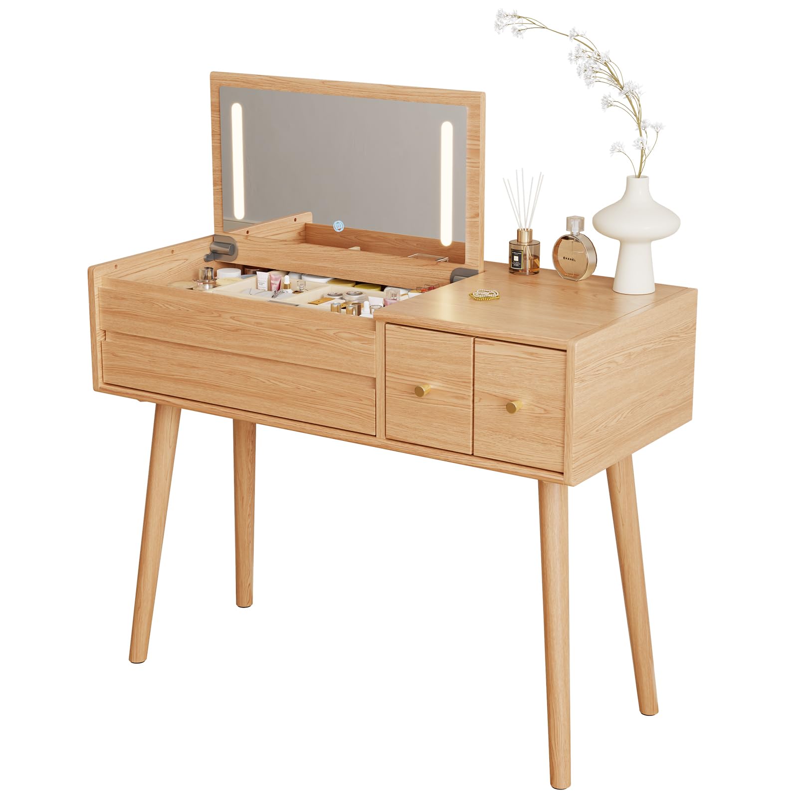 Solid Wood Vanity Desk With Flip Top Mirror And Lights, Mild Century Dressing Table Wooden 4 Drawers Storage, 40 Inch Large Make Up Vanity With 3 Lighting Modes Original, Wood Color (With Adapter)