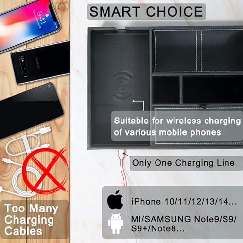 Sanzie Leather Tray With Wireless Charger - Nightstand Organizer For Phone, Wallet, Keys, Sunglasses, Watches, Jewelry, And More (Black) #TOP1