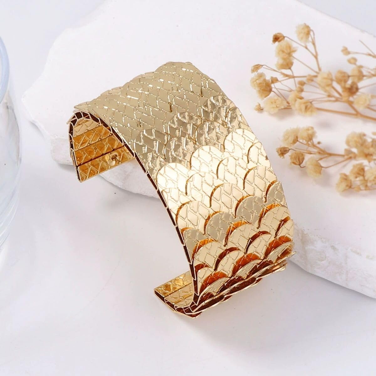 Gold Chunky Cuff Bracelets for Women Vintage Boho Wide Fish Scale Pattern Bangle Bracelets Irregular Statement Thick Arm Cuff Gold Silver Jewelry Gift - Image 2