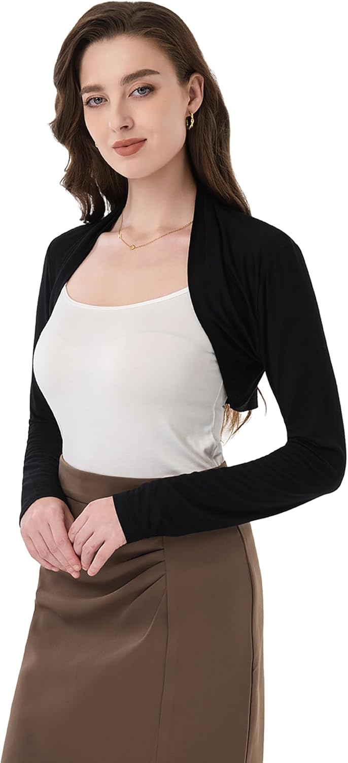 AmélieBoutik Women Ruched Long Sleeve Bolero Shrug Cropped Open Front Cardigan Jacket