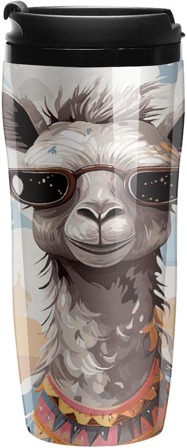 Cute Giraffe with Colors Sunglasses Funny Coffee Cup Reusable Portable Water Bottle with Double-Walled Plastic,Coffee Mug for Hot & Cold Drinks, Cup Holder Friendly 350ml