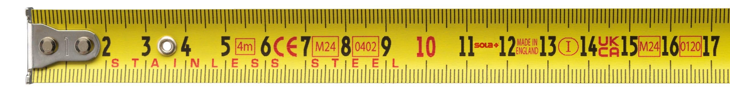 SOLA PRO-TMS - rostfreies Bandmaß 4m / 19mm - robustes Rollbandmaß aus Edelstahl, gelb lackiert mit mm Skala - Genauigkeitsklasse I - Rollmeter mit beweglichem Endhaken - Länge 4m/19mm