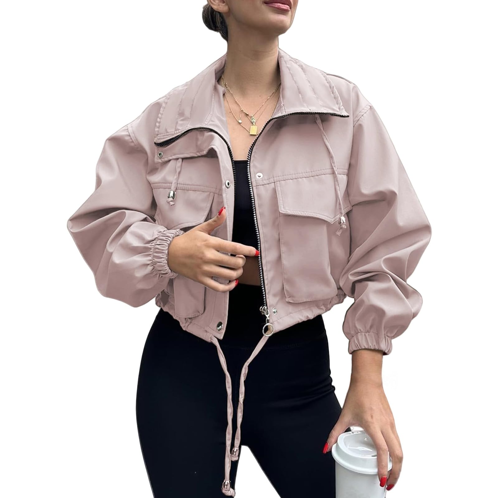 Womens Cropped Jacket Zip Up Lightweight Oversized Utility Anorak Coat Long Sleeve Bomber Jacket for Women with Pockets