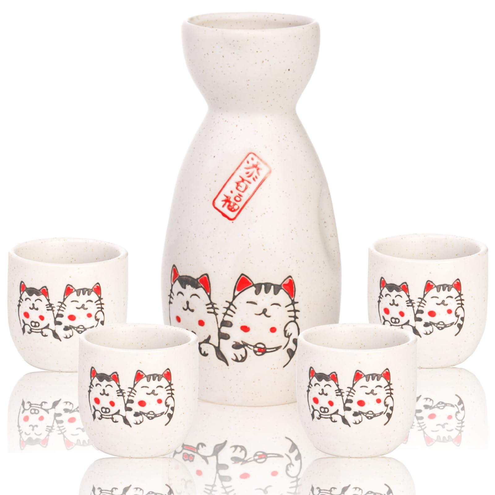 5 Pieces Ceramic Japanese Sake Set, Cute Maneki Neko Sake Cups, Saki Set with 1 Serving Carafe Bottle 4 Cups in Lucky Fortune Cat Pattern for Hot Drink, Home Decoration, Gift, Dishwasher Safe