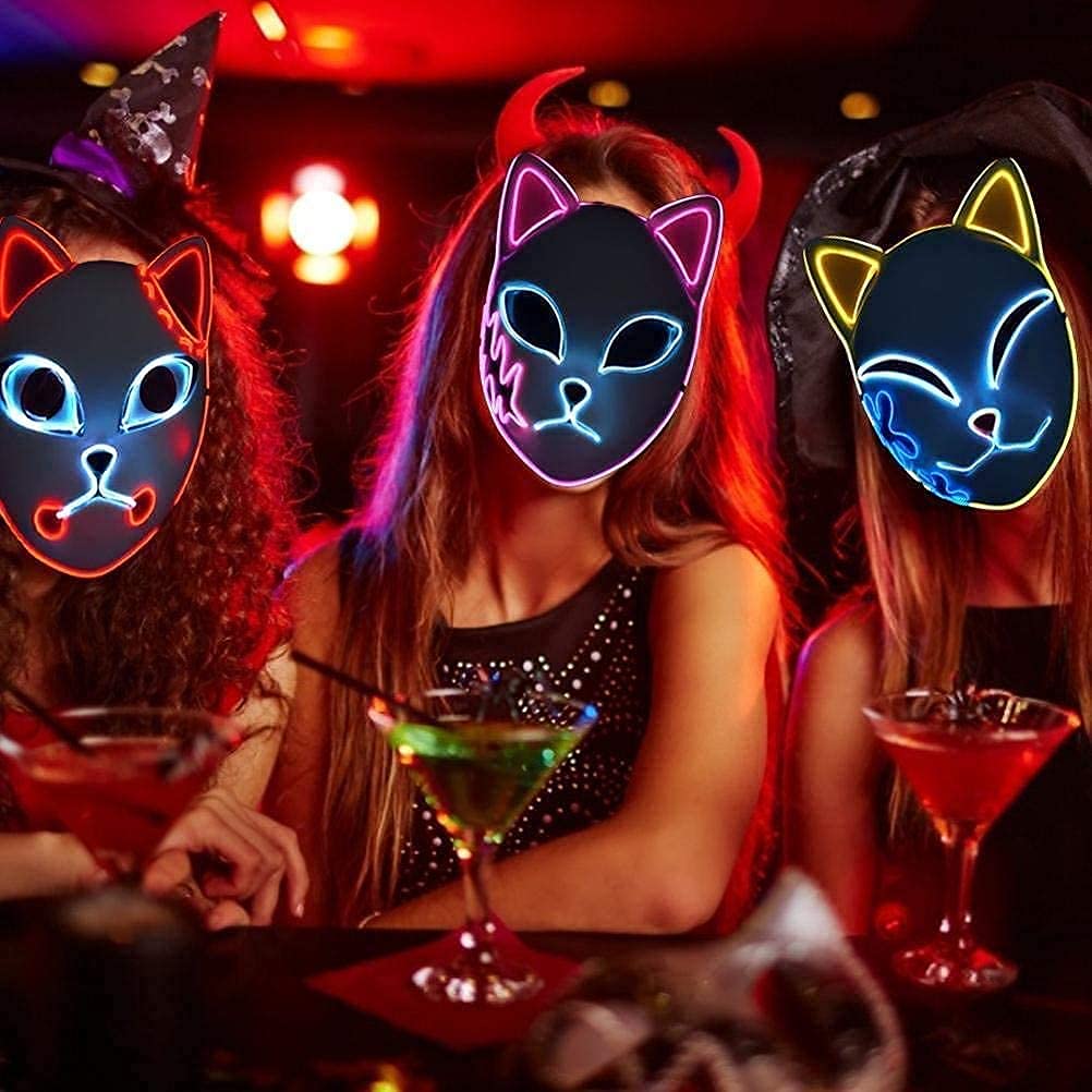 CAFELE 3Pcs Demon LED Mask Slayers Costume Props Japanese Anime Plastic Fox Face Cosplay Glowing Masks for Masquerade Festival Party