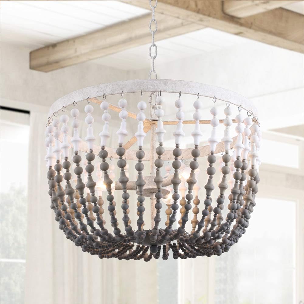 Lustre en bois à perles de 50 cm style bohème avec 3 lumières pour salon