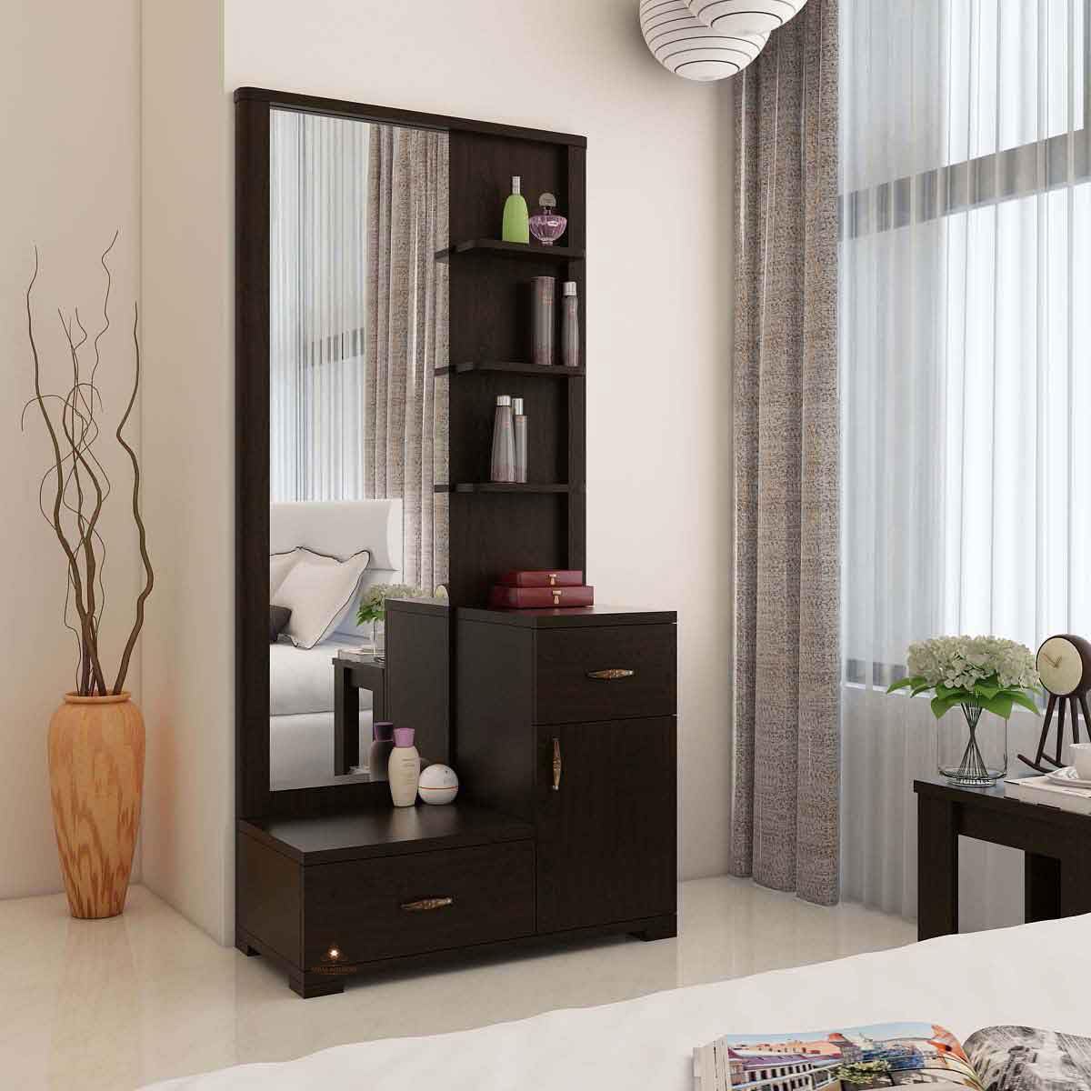 ABBAJI INTERIORS Engineered Wood Dressing Table with 4 Shelves, 2 Drawer and 2 Door (Dark Brown)-image-43