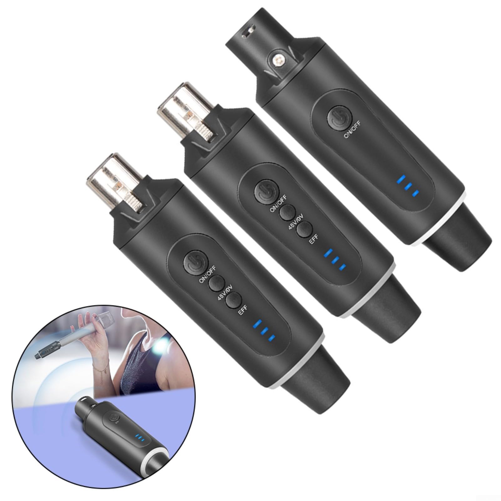 Sistema microfono XLR senza fili con trasmettitore e ricevitore plug-on, tensione phantom da 48 V, adattatore wireless compatto per microfoni dinamici e a condensatore