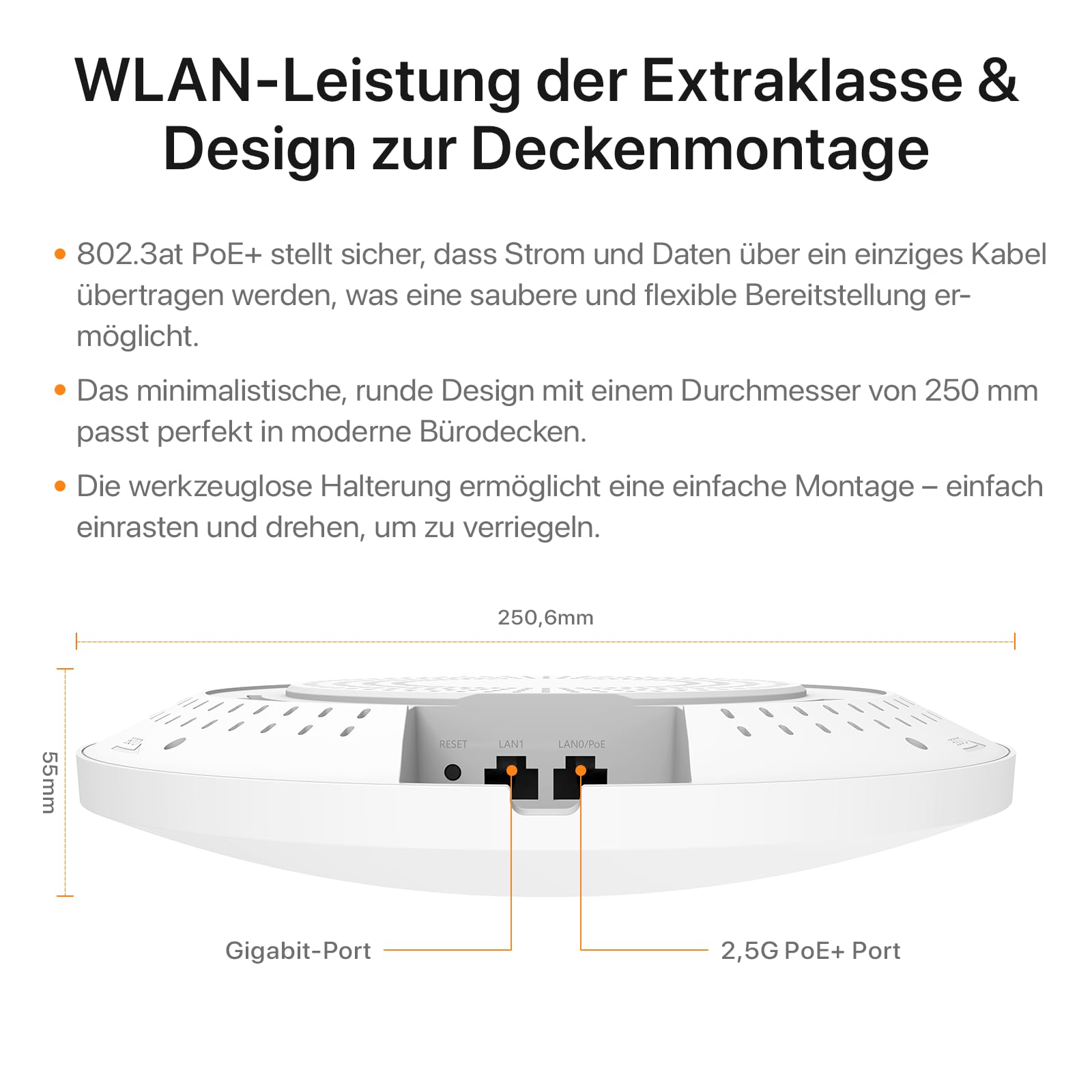 Tenda i36 BE5010 WiFi 7 Access Point mit 2 Ports (1x 2.5G PoE+ Port & 1x Gigabit-Port, 802.11be Dualband, WPA3 Sicherheit, Mehrere SSIDs, App-/Cloud- oder Lokale Verwaltung, inkl. Netzteil)