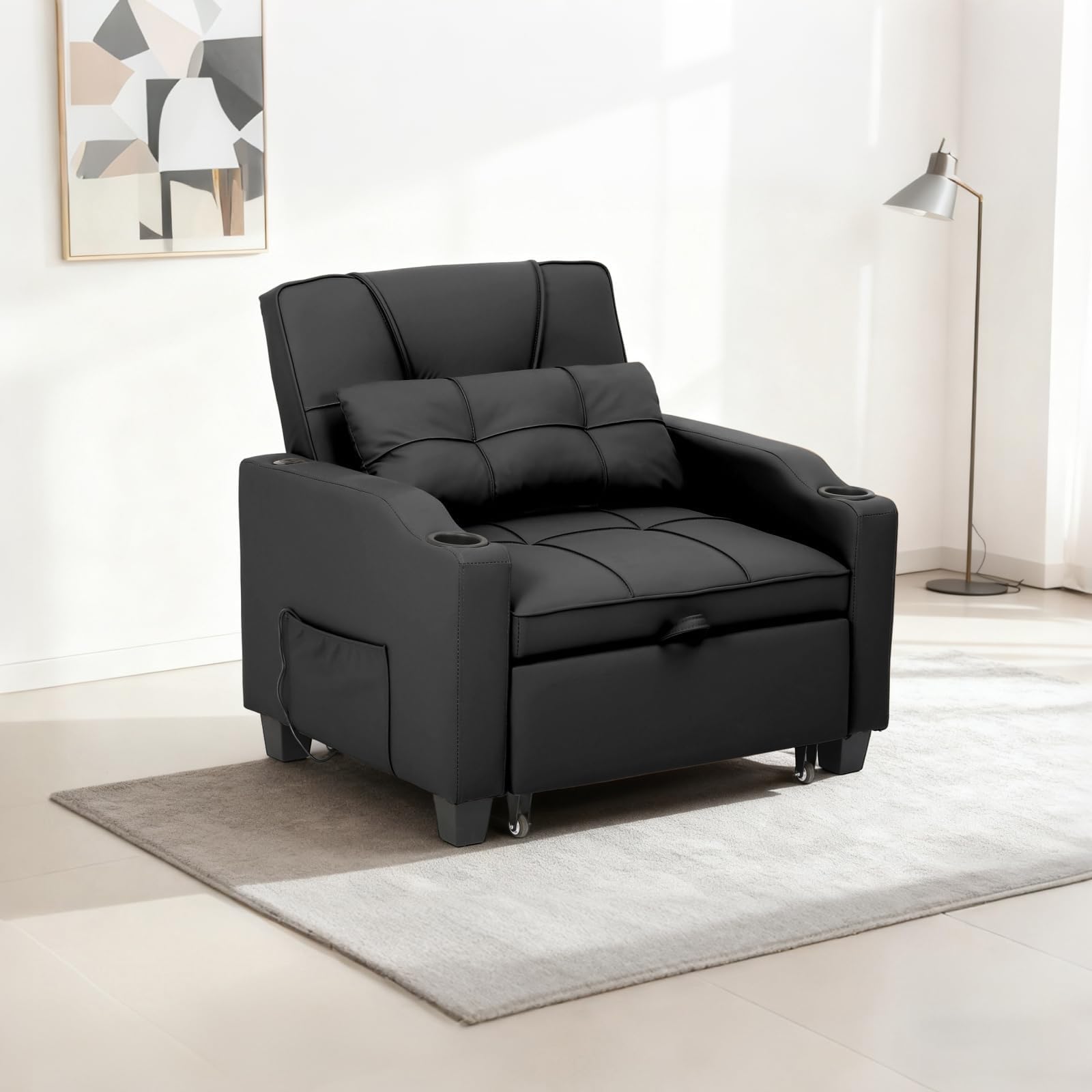 Photo 1 of **incomplete**** 4 in 1 Convertible Sleeper Chair Bed with Vibration Massage Lumbar Pillow, Single Sofa Recliner Featuring USB/Type-C Port, Cup Holders & Side Pocket, Space-Saving Pull Out Bed for Small Spaces, Black